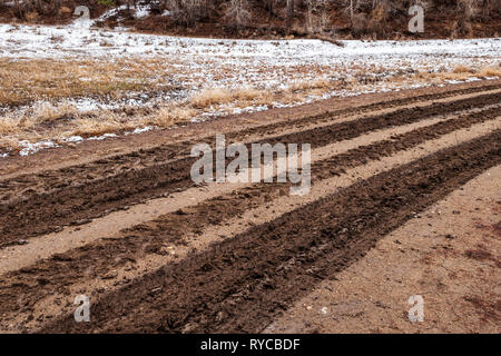 Muddy tire tracks on a ranch dirt road; central Colorado; USA Stock Photo