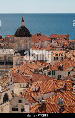 Aerial view of Dubrovnik old town cityscape including the cathedral dome, Dubrovnik, Croatia