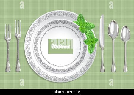 Table setting with plate, spoon, knife and fork on a green fabric background Stock Vector