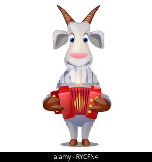 Funny goat with accordion isolated on white background. Vector cartoon close-up illustration. Stock Vector