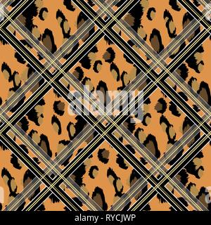 Seamless Faux Leopard Skin Pattern with black and brown spots. Vector illustration animal repeat surface pattern. Stock Vector