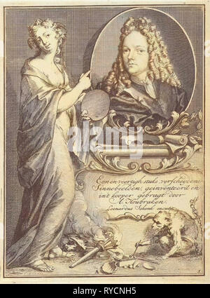 Female Figure with palette pointing to portrait of Arnold Houbraken, Arnold Houbraken, A. Houbraken, Leonard Schenk, 1710 - 1719 Stock Photo