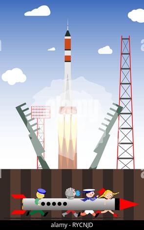 Rocket launch into space from the launch site. Cosmonaut game of children. Vector illustration. Stock Vector