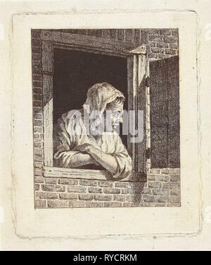 Woman leaning on arms in window opening, print maker: Cornelis van Cuylenburgh II, 1768 - 1827 Stock Photo