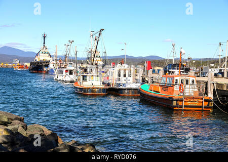 Fishing boats tied up at Eden Wharf on Twofold Bay on the New South Wales south coast Stock Photo