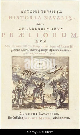 Man holds shovel in the ground standing between personifications of Hope and Abundance, print maker: Cornelis van Dalen I, Joannes Maire, 1657 Stock Photo