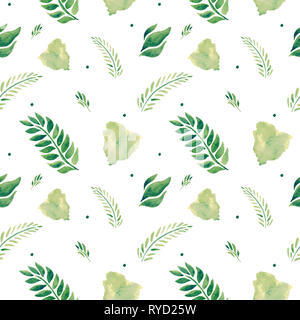 Watercolor seamless pattern spring leaves branches spots. Plant illustration eco design Stock Photo