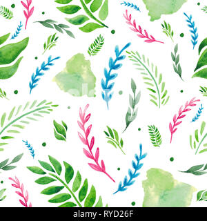 Watercolor seamless pattern spring leaves branches spots. Plant illustration eco design Stock Photo