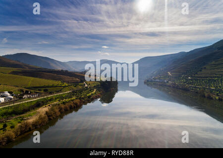 Aerial view of the terraced vineyards in the Douro Valley and river near the village of Pinhao, Portugal; Concept for travel in Portugal and most beau Stock Photo