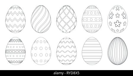 Easter eggs for coloring book. Set of black and white easter eggs isolated on a white background. Stock Vector