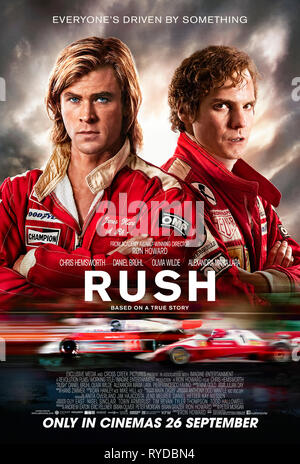 Rush (2013) directed by Ron Howard and starring Daniel Brühl, Chris Hemsworth and Olivia Wilde. Biopic about the legendary rivals between Formula One giants James Hunt and Niki Lauda. Stock Photo