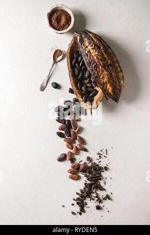 Variety of fresh and dry cocoa beans from cocoa pod with chopped dark chocolate and cocoa powder over white texture background. Flat lay, space Stock Photo