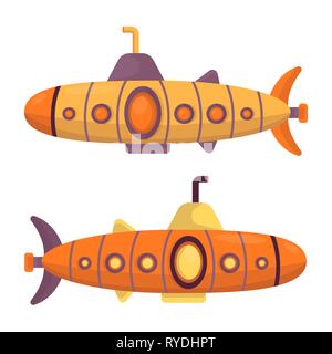 Submarine vector sea pigboat or marine sailboat underwater and ship transport in deep ocean illustration nautical set of shipping boat Stock Vector