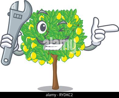 Mechanic lemon tree in the pot character Stock Vector