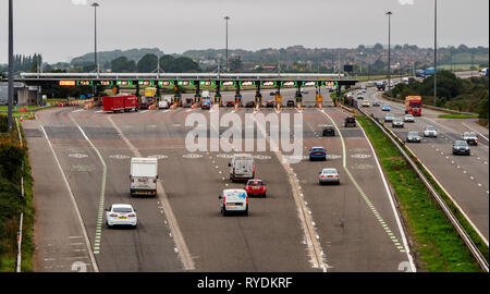 Toll booths beyond the M4 Severn Crossing - the Prince of Wales Bridge - shortly before the journey into Wales became toll free in December 2018 Stock Photo