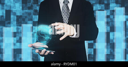 Businessman in Black Suit Holding Smartphone in Hand While Projecting Digital Globe Hud Interface And Hovering His Hand Over The Globe Against Futuris Stock Photo