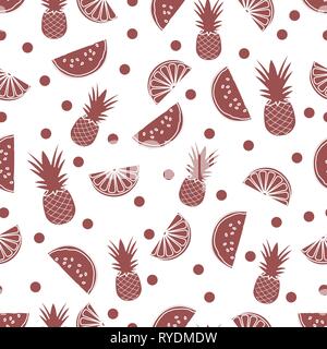 Seamless pattern with pineapples, orange slices, watermelon slices. Tropical fruit. Summer background. Stock Vector