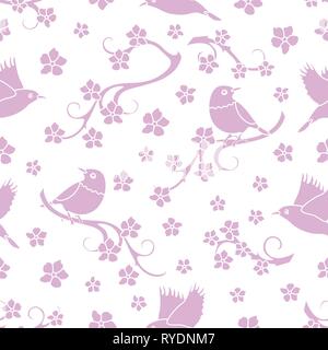 Seamless pattern with sakura branches, birds. Japan nature. Branches of cherry blossoms. Design for card, announcement, advertisement, banner or print Stock Vector
