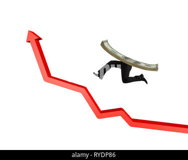 Money with human legs running on red arrow up graph, isolated on white background. Stock Photo