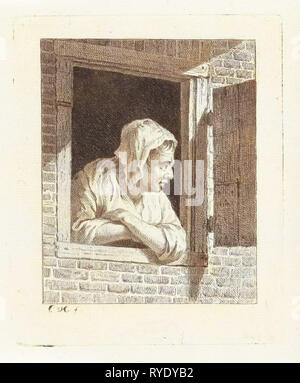 Woman leaning on arms in window opening, Cornelis van Cuylenburgh II, 1768-1827 Stock Photo