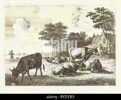 Cows and sheep lying in meadow for farm, Johannes van Cuylenburgh, 1820 Stock Photo