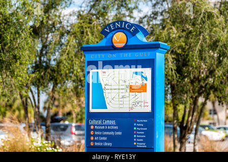 Venice, USA - April 29, 2018: Closeup of map information sign in small Florida retirement city or village with colorful blue color in gulf of Mexico o Stock Photo