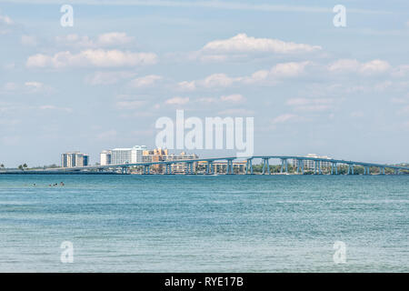 Sanibel Island, USA Bay during sunny day with toll bridge causeway bridge highway road and cars in traffic holiday vacation destination in Florida peo Stock Photo