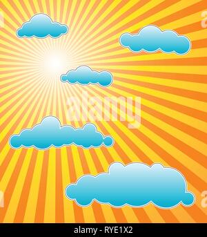The hot summer sun with blue clouds Stock Vector