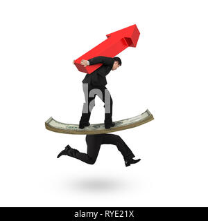 Man carrying red arrow up and balancing on running money with human legs, isolated on white background. Stock Photo