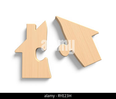 Wooden house shape puzzles, with two separated jigsaw pieces, isolated on white background. Stock Photo