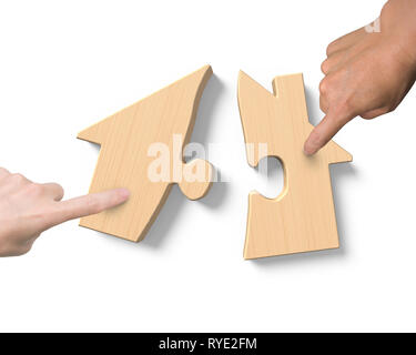 Man and woman two hands assembling wooden house shape puzzles, high angle view, isolated on white background. Stock Photo