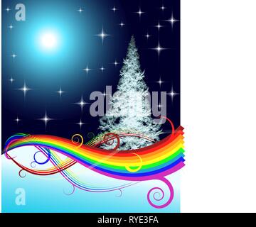 Vector - Fractal Christmas tree with rainbow on night background Stock Vector