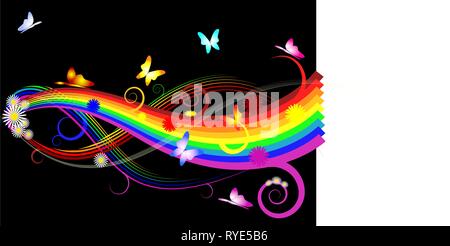 Rainbow with flowers and butterflies on black background Stock Vector