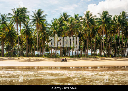 Scooter on secluded Long Beach at San Vincente with palm trees, Palawan, Philippines Stock Photo