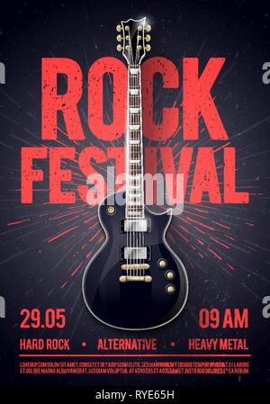 vector illustration rock festival concert party flyer or poster design template with guitar, place for text and cool effects in the background Stock Vector