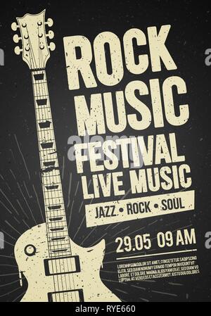 Vector Illustration poster flyer design template for Rock Jazz festival live music event with guitar in retro style on red background Stock Vector