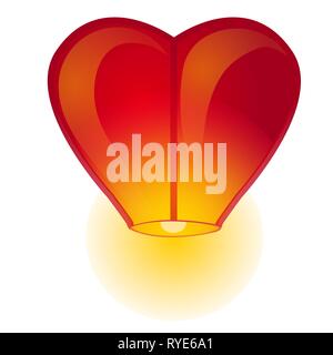 Red Chinese sky lantern in the shape of heart isolated on a white background. Vector cartoon close-up illustration. Stock Vector