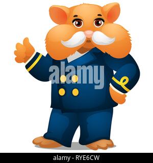 Hamster in the costume of the captain of the ship isolated on white background. Vector cartoon close-up illustration. Stock Vector