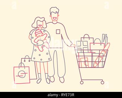 Family with suckling baby have purchases at shopping. Thin line flat design, vector illustration. Stock Vector