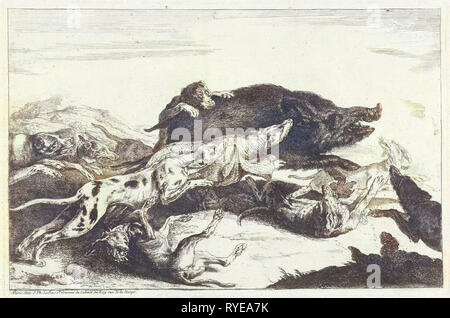 Dogs hunt a boar, Peeter Boel, c. 1650 - c. 1674 Stock Photo