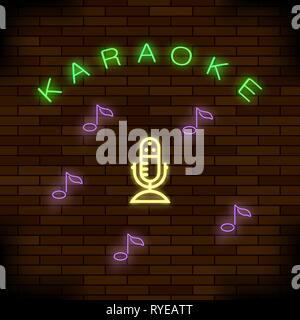 Glowing Light Karaoke on Brick Background. Musical Logo with Microphone. Colorful Line Icon. Sign Board of Music Bar Stock Vector