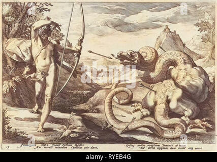 Apollo kills with many arrows the giant serpent Python (more here depicted as a dragon, with legs), stories from Ovid's Metamorphoses, print maker: Hendrick Goltzius (workshop of), Dating 1589 Stock Photo