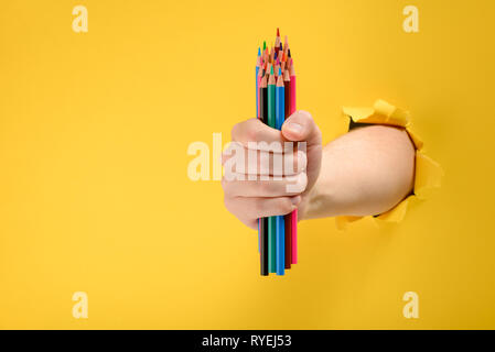 Hand holding colored pencils Stock Photo