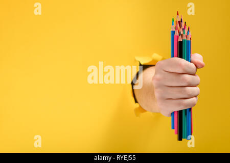 Hand holding colored pencils Stock Photo