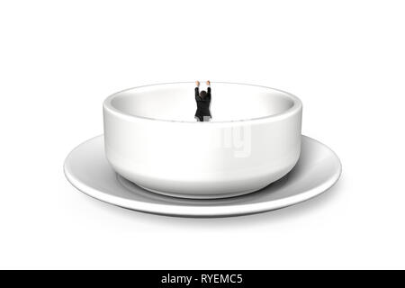 Businessman hanging on edge of empty soup bowl, isolated on white background Stock Photo