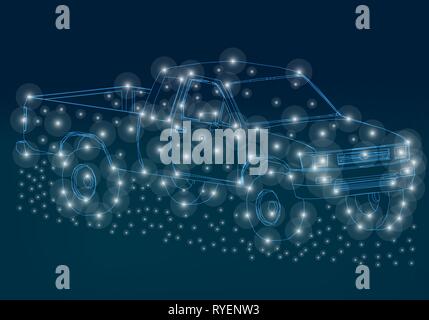Wireframe of the truck of the blue lines on a dark background. The contour of the truck with glowing lights. Isometric. Vector illustration Stock Vector