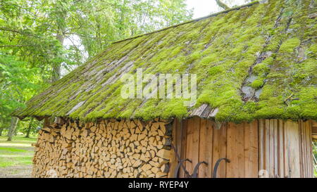 The green moss on the roof of the wooden house with the dried leaves on the top Stock Photo