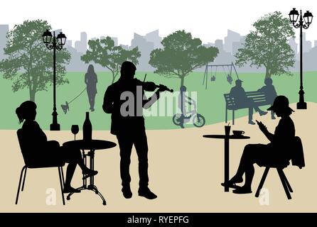 Violinist perform on a street cafe near city park, vector illustration Stock Vector