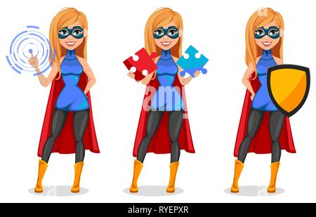 Woman Superhero Character Dressed Black and Blue Costume and Mask in Action  Vector Set Stock Vector - Illustration of gesture, young: 268147026