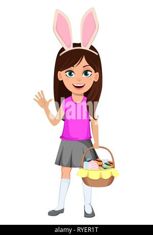 Happy Easter child. Cute girl wearing bunny ears. Funny cartoon character holding basket of eggs and waving hand. Vector illustration on white backgro Stock Vector